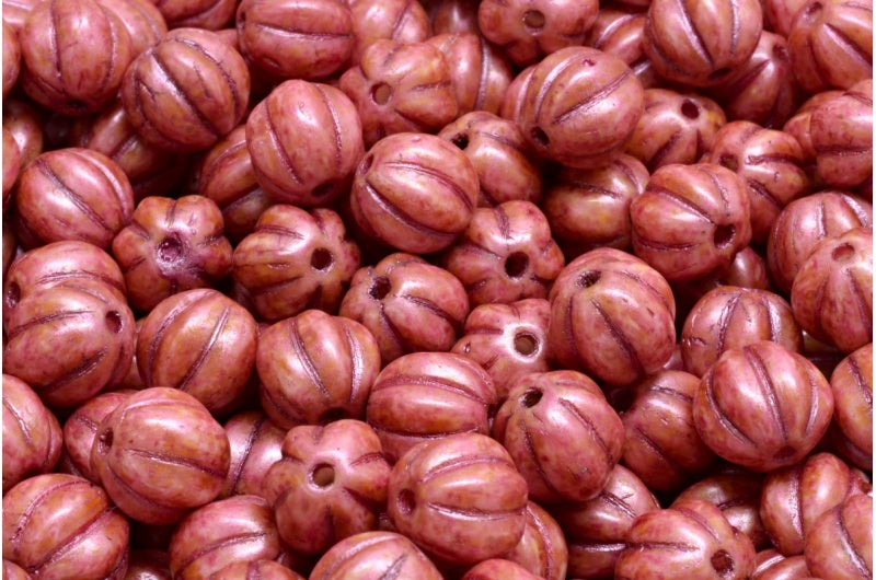 Melon Beads, White Rose Luster Spotted (02010-65327), Glass, Czech Republic