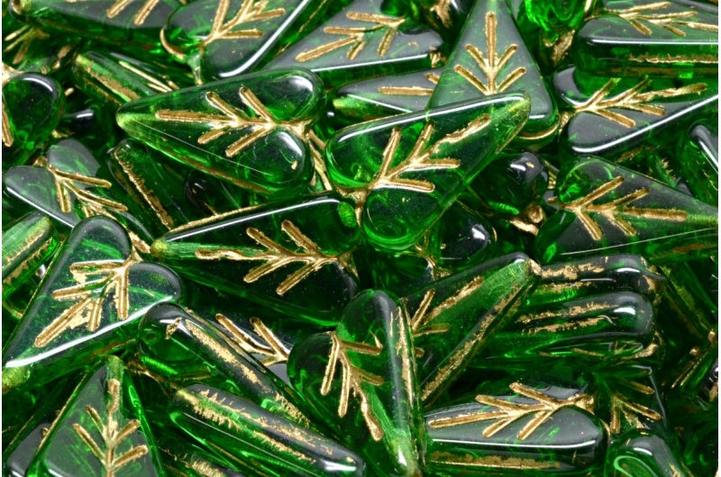 ハートリーフビーズ、エメラルドグリーン、ゴールドライン(50120-54302)、ガラス、チェコ共和国