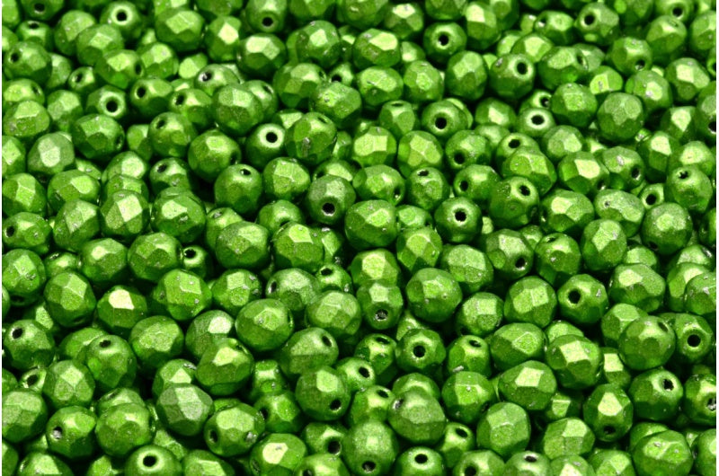 ファセットラウンドファイアポリッシュビーズ、チョークホワイトメタラストアップルグリーン(03000-24205)、ガラス、チェコ共和国