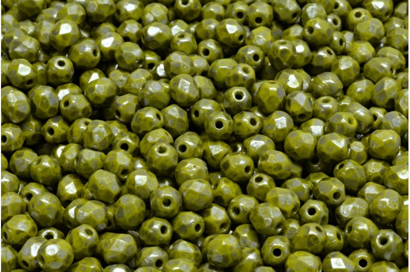 Faceted Round Fire Polished Beads, Opaque Green Silver Splash (53400-86790), Glass, Czech Republic