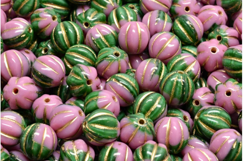 メロンビーズ、不透明ピンク、不透明グリーン、金線入り(73010-54100-54302)、ガラス、チェコ共和国