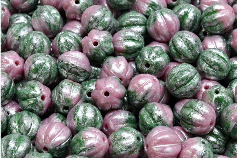 Melon Beads, Opaque Pink Opaque Green Silver Gray (73010-54100-34301), Glass, Czech Republic