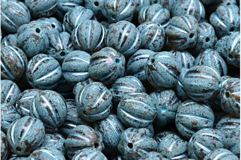 Melon Beads, Transparent Green Travertin Blue Lined (50316-86800-54323), Glass, Czech Republic