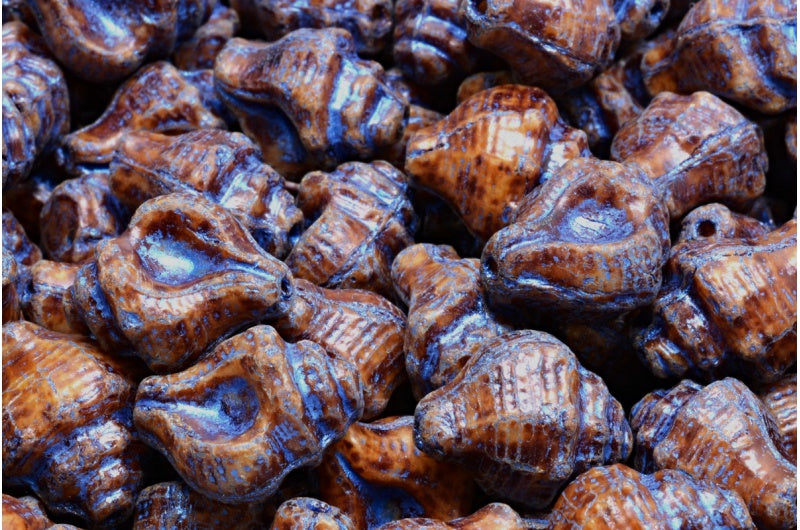 OUTLET 10 grams Murex Shell Beads, 15 x 12 mm, Beige Travertin Blue Lined (13020-86800-54309), Glass, Czech Republic