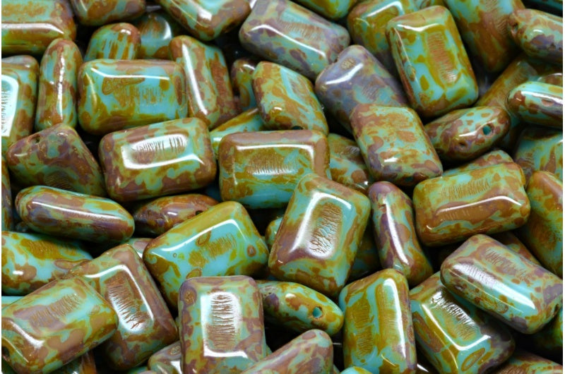 フラット長方形ビーズ、ターコイズブルートラバーチン(63030-86800)、ガラス、チェコ共和国