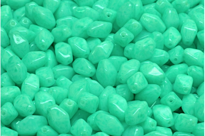 オリーブオーバルプレスガラスビーズ(エッジ付き)、ホワイトオパールライトターコイズ(02020-34309)、ガラス、チェコ共和国