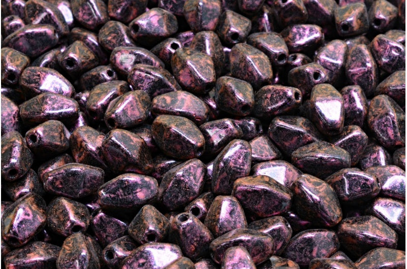 オリーブオーバルプレスガラスビーズ(エッジ付き)、黒赤虹彩(23980-86944)、ガラス、チェコ共和国