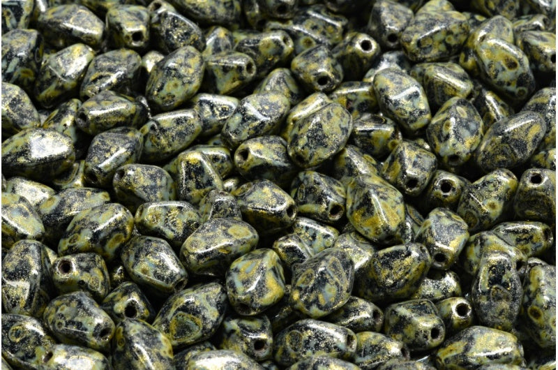 オリーブオーバルプレスガラスビーズ(エッジ付き)、ブラックトラバーチンライトイエロー(23980-86800-34302)、ガラス、チェコ共和国