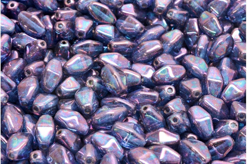 Olive Oval Pressed Glass Beads With Edges, Crystal Nebula (00030-15001), Glass, Czech Republic