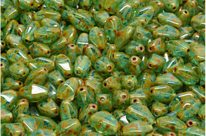 Olive Oval Pressed Glass Beads With Edges, Transparent Aqua Travertin (60020-86800), Glass, Czech Republic