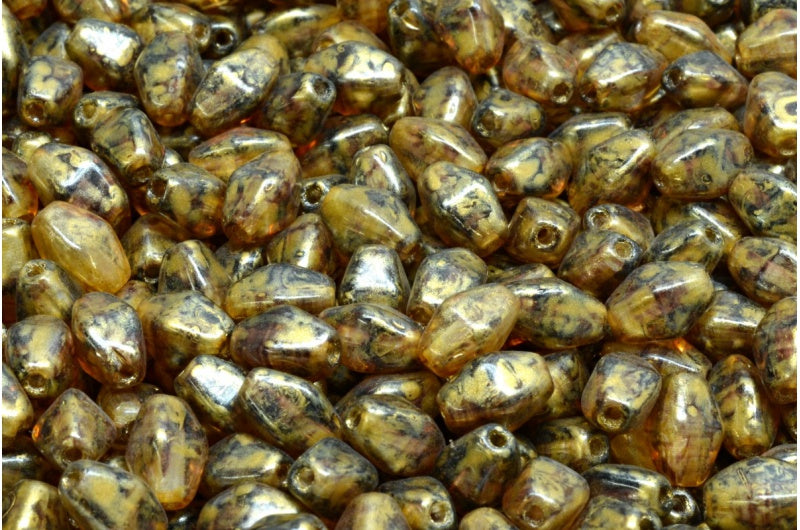 Olive Oval Pressed Glass Beads With Edges, R0239 Gold Splash (R0239-86720), Glass, Czech Republic