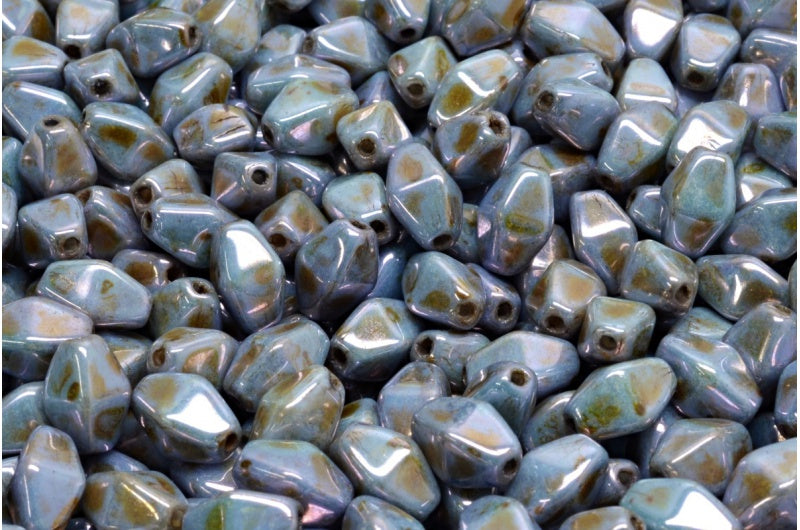 Olive Oval Pressed Glass Beads With Edges, White Stain With Luster Blue (02010-65431), Glass, Czech Republic
