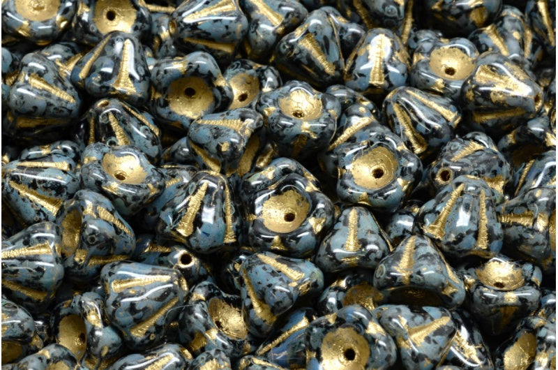 Bell Flower Beads, Black Travertin Gold Lined (23980-86800-54302), Glass, Czech Republic