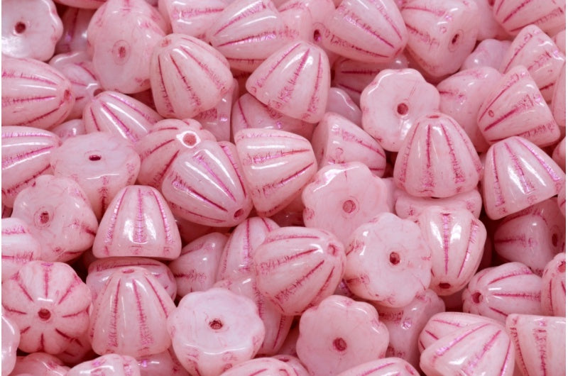 フラワーキューポラビーズ、ホワイトピンクラインライトピンク(02010-43807-34304)、ガラス、チェコ共和国