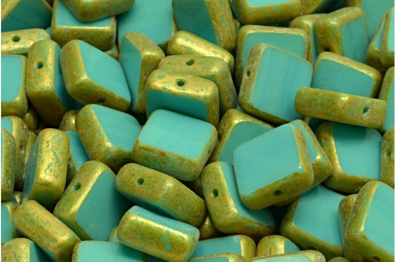 テーブルカットスクエアビーズ、ターコイズゴールドスプラッシュ(63130-86720)、ガラス、チェコ共和国