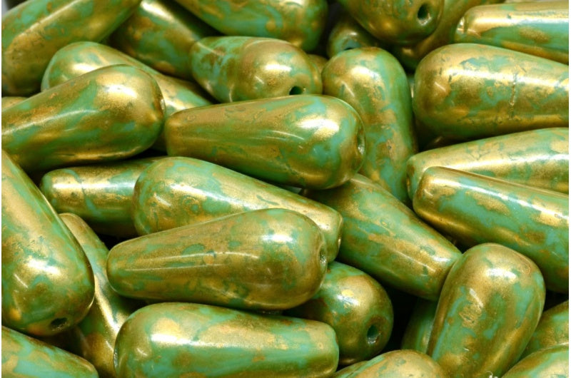 Drop Beads, Turquoise Gold Splash (63130-86720), Glass, Czech Republic