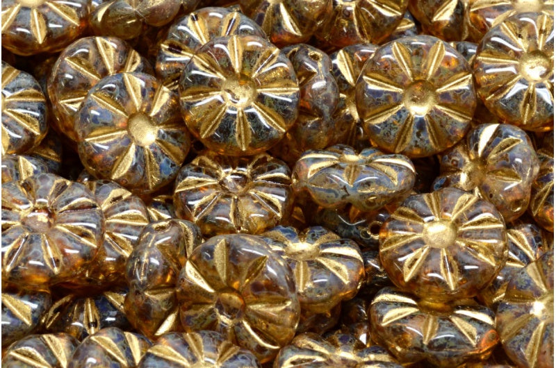 ひまわりビーズ、クリスタルトラバーチンゴールドライニング(00030-86800-54302)、ガラス、チェコ共和国