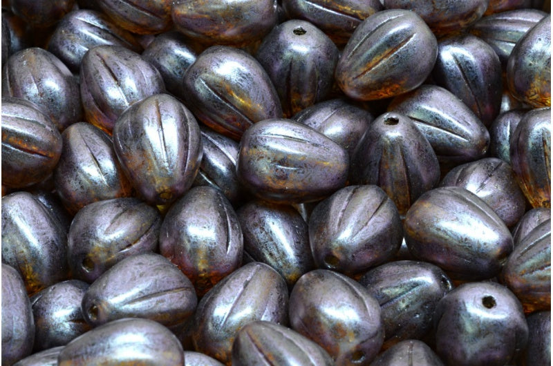 ドロップメロンビーズ、クリスタルパープルブラウンラスタースポット(00030-65329)、ガラス、チェコ共和国