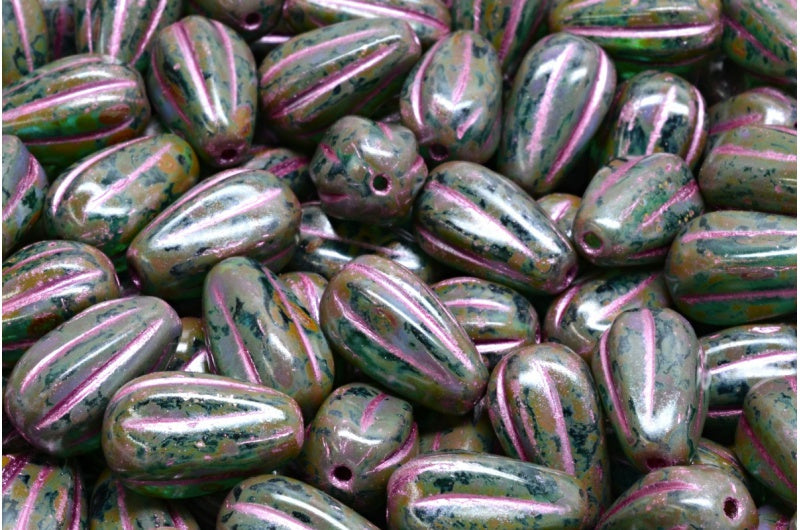 ドロップメロンビーズ、透明アクアトラバーチンピンクライン(60220-86800-54321)、ガラス、チェコ共和国