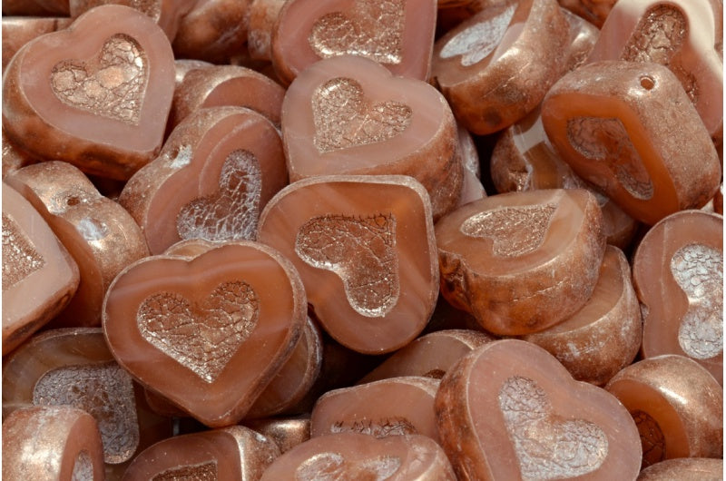 OUTLET 10 克 台面切割心形珠子,14 x 12 毫米,蛋白石粉红铜溅 (71111-86750),玻璃,捷克共和国