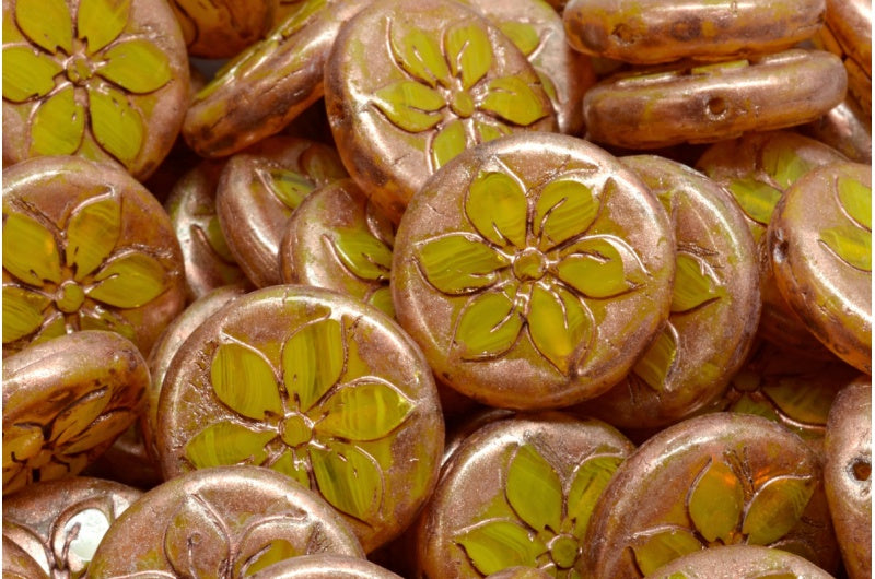 OUTLET 10 grams Table Cut Coin Flower Beads, 18 x 18 mm, Opal Yellow Copper Splash (81210-86750), Glass, Czech Republic