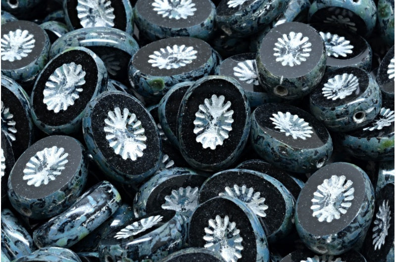 OUTLET 10 grams Table Cut Kiwi Beads, 14 x 10 mm, Black Travertin Silver Lined (23980-86800-54301), Glass, Czech Republic