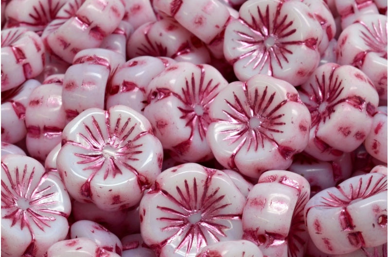 Hawaiian Flower Beads, Chalk White Pink Lined (03000-54321), Glass, Czech Republic