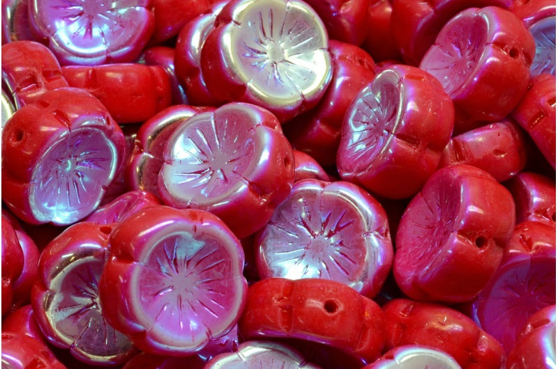 Hawaiian Flower Beads, Opaque Red Ab Full (2X Side) (93200-28703), Glass, Czech Republic