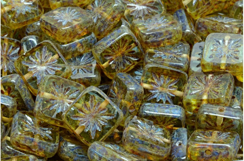 Table Cut Square Kiwi Beads, Transparent Green Travertin (50500-86800), Glass, Czech Republic