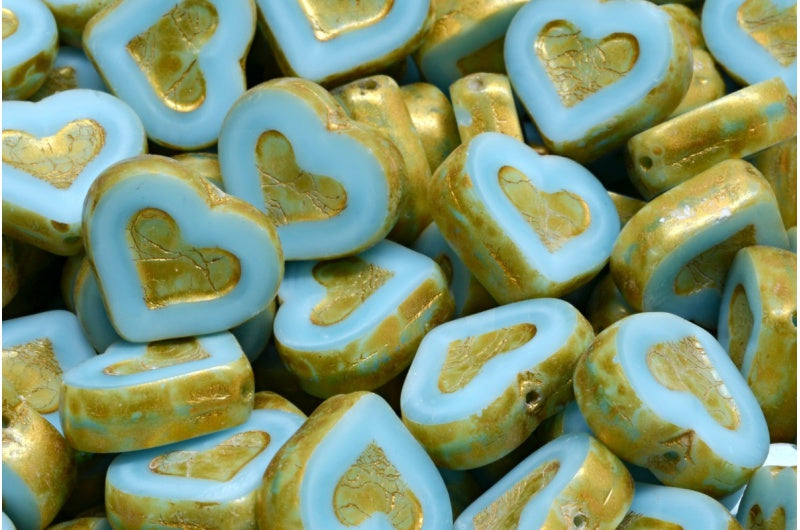 桌切心形珠子,蛋白石海蓝金溅射 (61400-86720),玻璃,捷克共和国