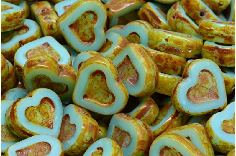 OUTLET 10 grams Table Cut Heart Beads, 14 x 12 mm, Opal Aqua Travertin (61400-86800), Glass, Czech Republic