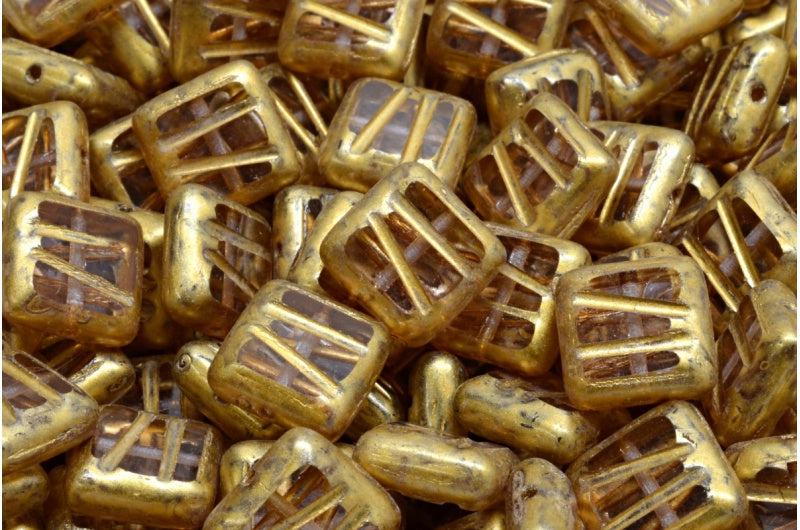 台面切割方形设计珠子,透明浅紫水晶金色溅射 (20300-86720),玻璃,捷克共和国