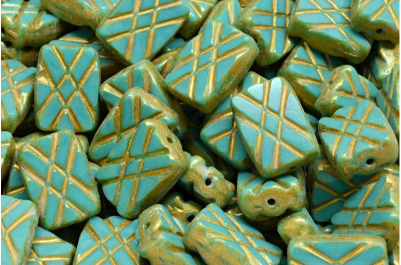 テーブルカットデザインの長方形ビーズ、ターコイズゴールドスプラッシュ(63140-86720)、ガラス、チェコ共和国