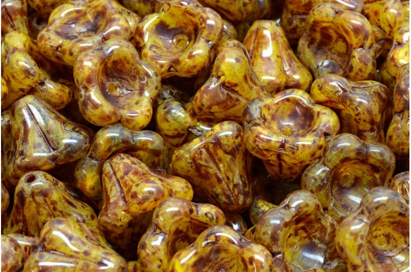Bell Flower Beads, Yellow Opal Mix Travertin (R0813-86800), Glass, Czech Republic