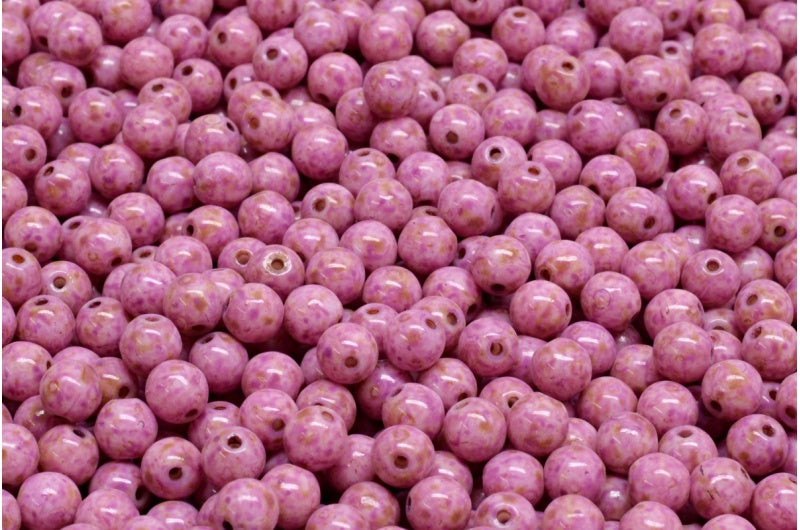 ラウンドドラックビーズ、ホワイトトラバーチンピンクスポット(02010-86800-33306)、ガラス、チェコ共和国