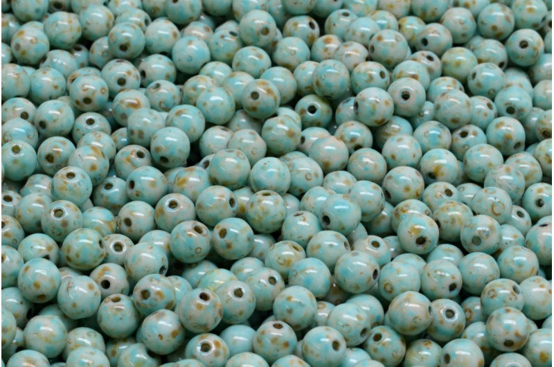 Round Druck Beads, White Travertin Turqouise Spotted (02010-86800-33309), Glass, Czech Republic