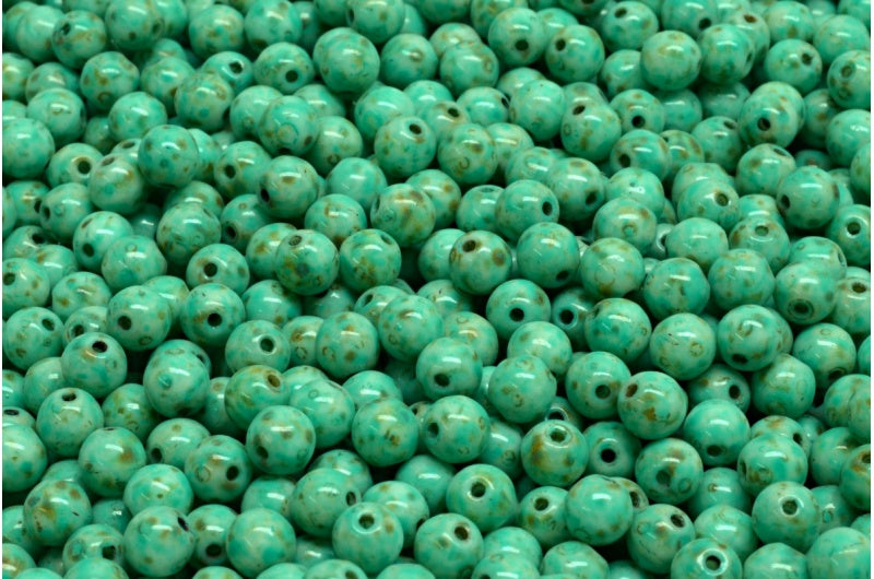 ラウンドドラックビーズ、ホワイトトラバーチンターコイズスポット(02010-86800-33310)、ガラス、チェコ共和国