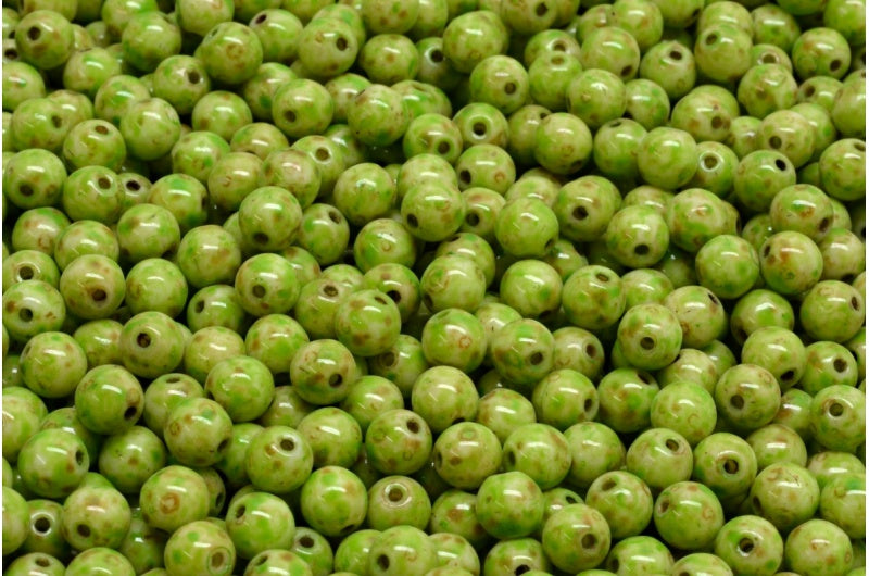 Round Druck Beads, White Travertin Green Spotted (02010-86800-33311), Glass, Czech Republic