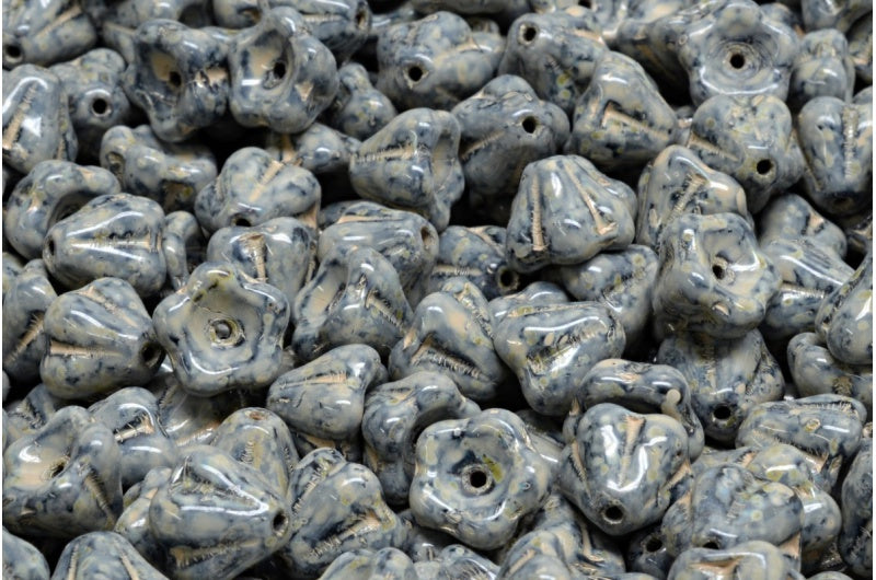 Bell Flower Beads, Black Travertin Beige Travertin Spotted (23980-86800-33301), Glass, Czech Republic