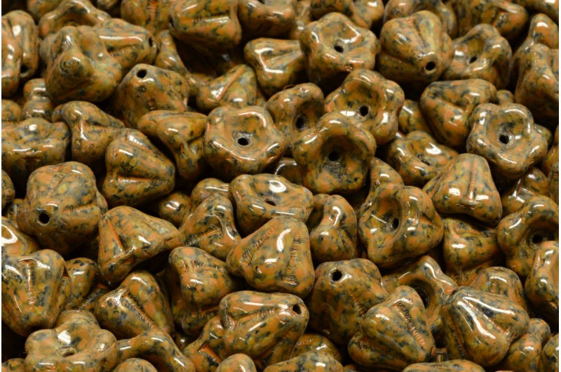 Bell Flower Beads, Black Travertin Orange Spotted (23980-86800-33302), Glass, Czech Republic