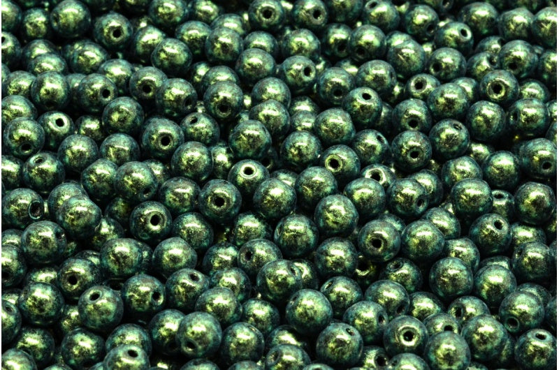 ラウンドドラックビーズ、ブラックグリーンイリディセント(23980-86922)、ガラス、チェコ共和国