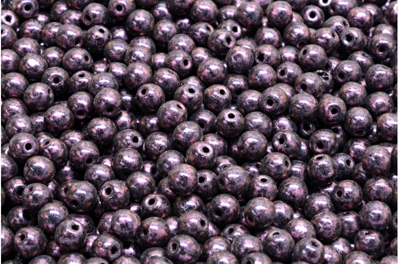 ラウンドドラックビーズ、黒赤虹彩(23980-86944)、ガラス、チェコ共和国