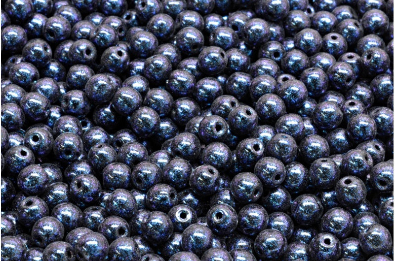 ラウンドドラックビーズ、ブラックブルーイリディセント(23980-86966)、ガラス、チェコ共和国