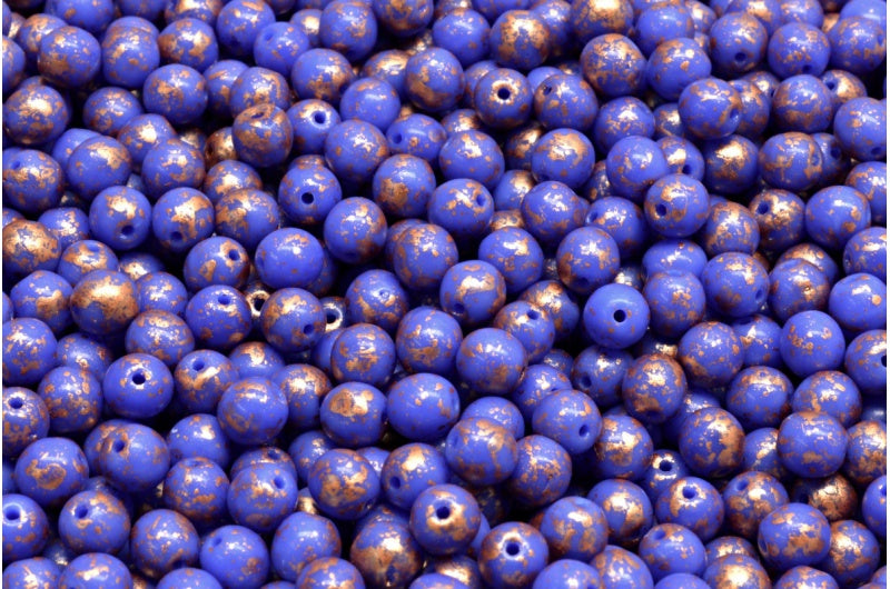 ラウンドドラックビーズ、不透明ブルーコッパースプラッシュ(33050-94402)、ガラス、チェコ共和国
