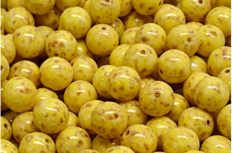 圆形 Druck 珠子,白色石灰华米色黄色斑点(02010-86800-33303),玻璃,捷克共和国