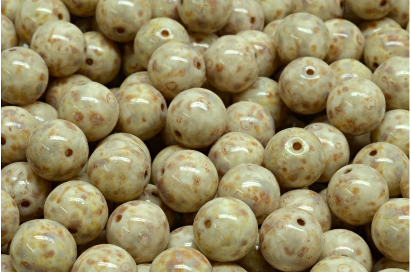 Round Druck Beads, White Travertin Beige Spotted (02010-86800-33312), Glass, Czech Republic