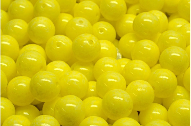 ラウンドドラックビーズ、ホワイトオパールベージュイエロースポット(02020-33303)、ガラス、チェコ共和国