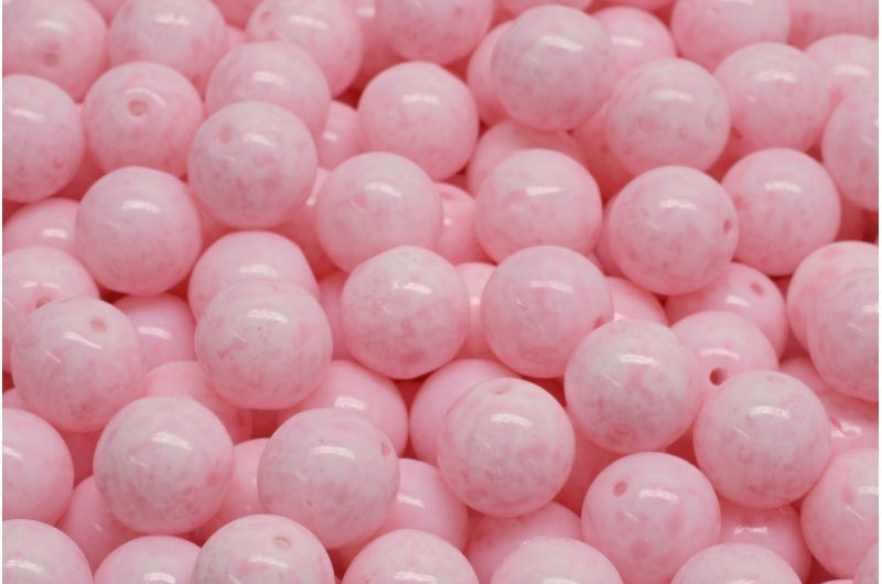 ラウンドドラックビーズ、ホワイトオパールウォームパープルスポット(02020-33304)、ガラス、チェコ共和国