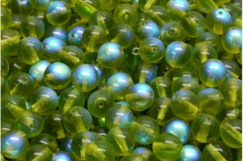 ラウンドドラックビーズ、透明グリーンAb(50230-28701)、ガラス、チェコ共和国