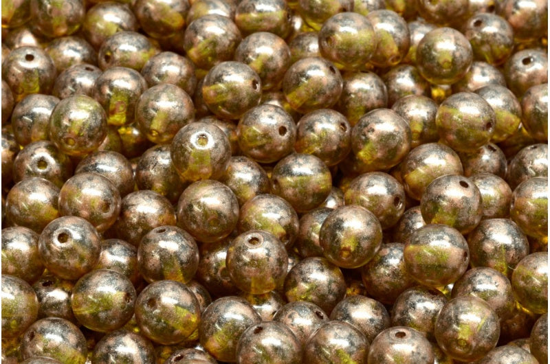 ラウンドドラックビーズ、透明グリーンコッパースプラッシュ(50230-86750)、ガラス、チェコ共和国